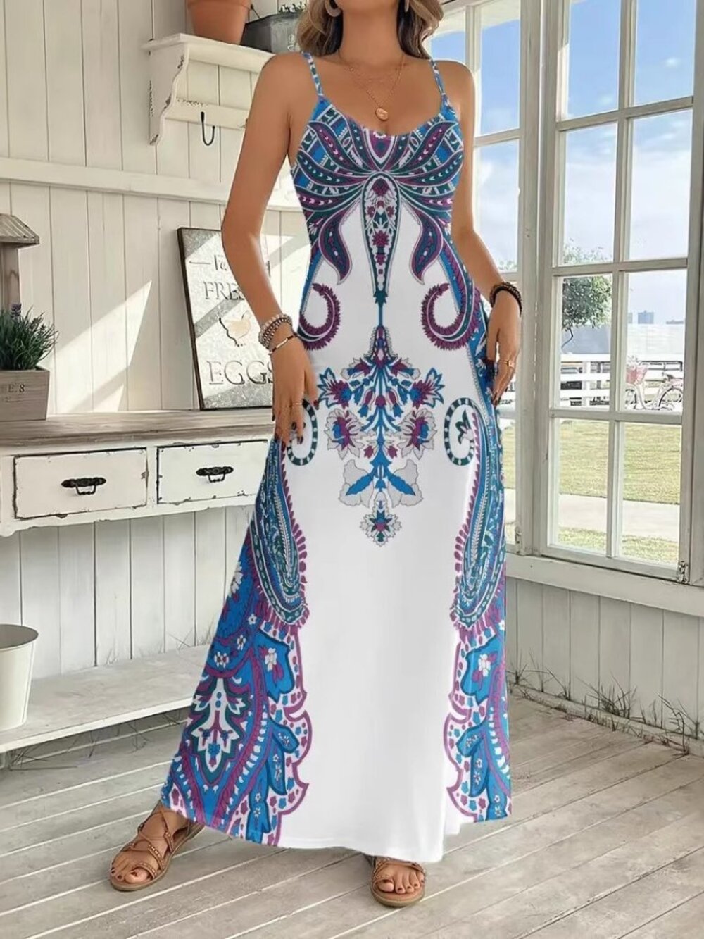 Women's White V-Neck Sleeveless Printed Dress